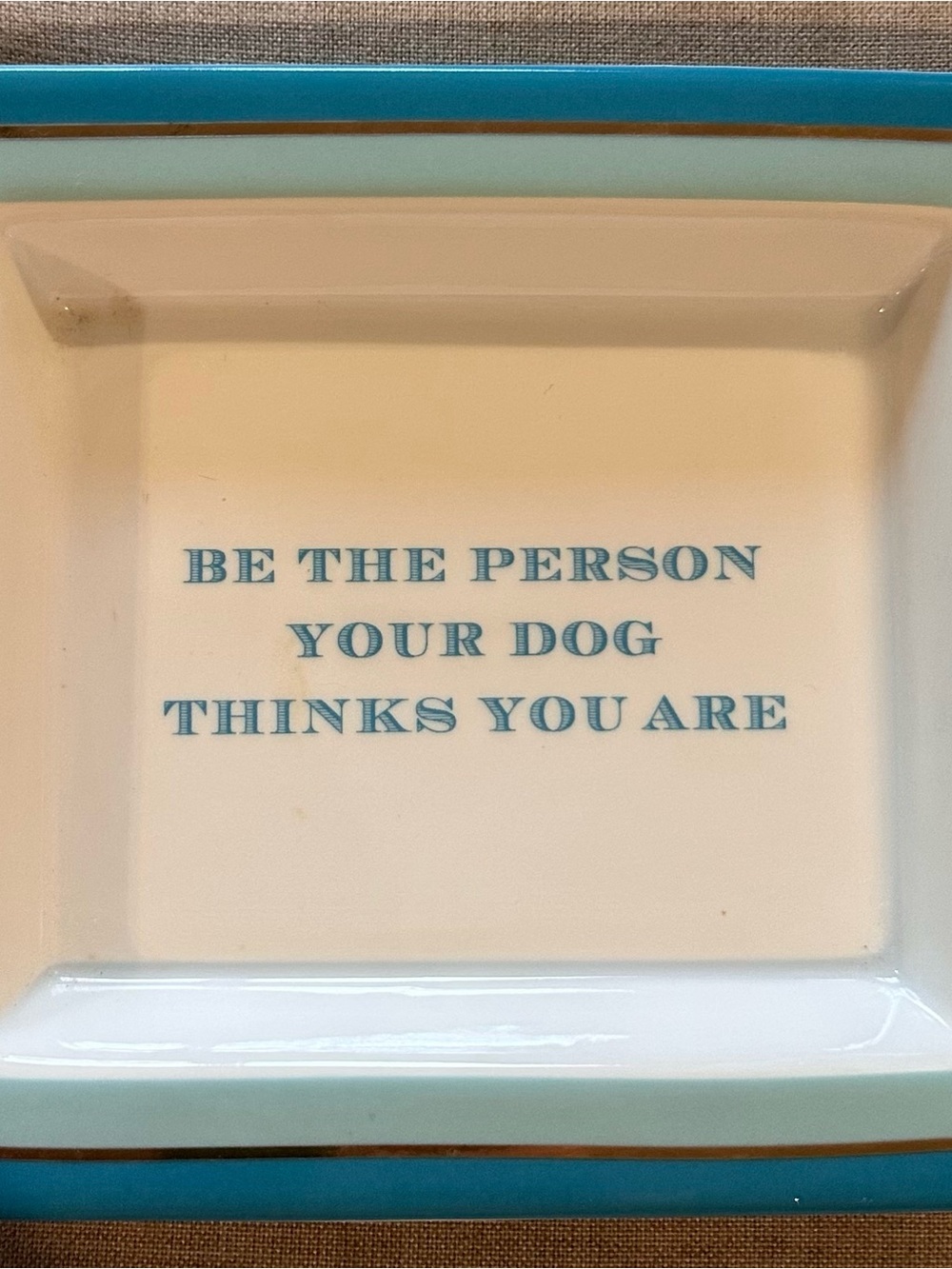 Two's Company Turquoise and White Ceramic Dog Dish with Quote